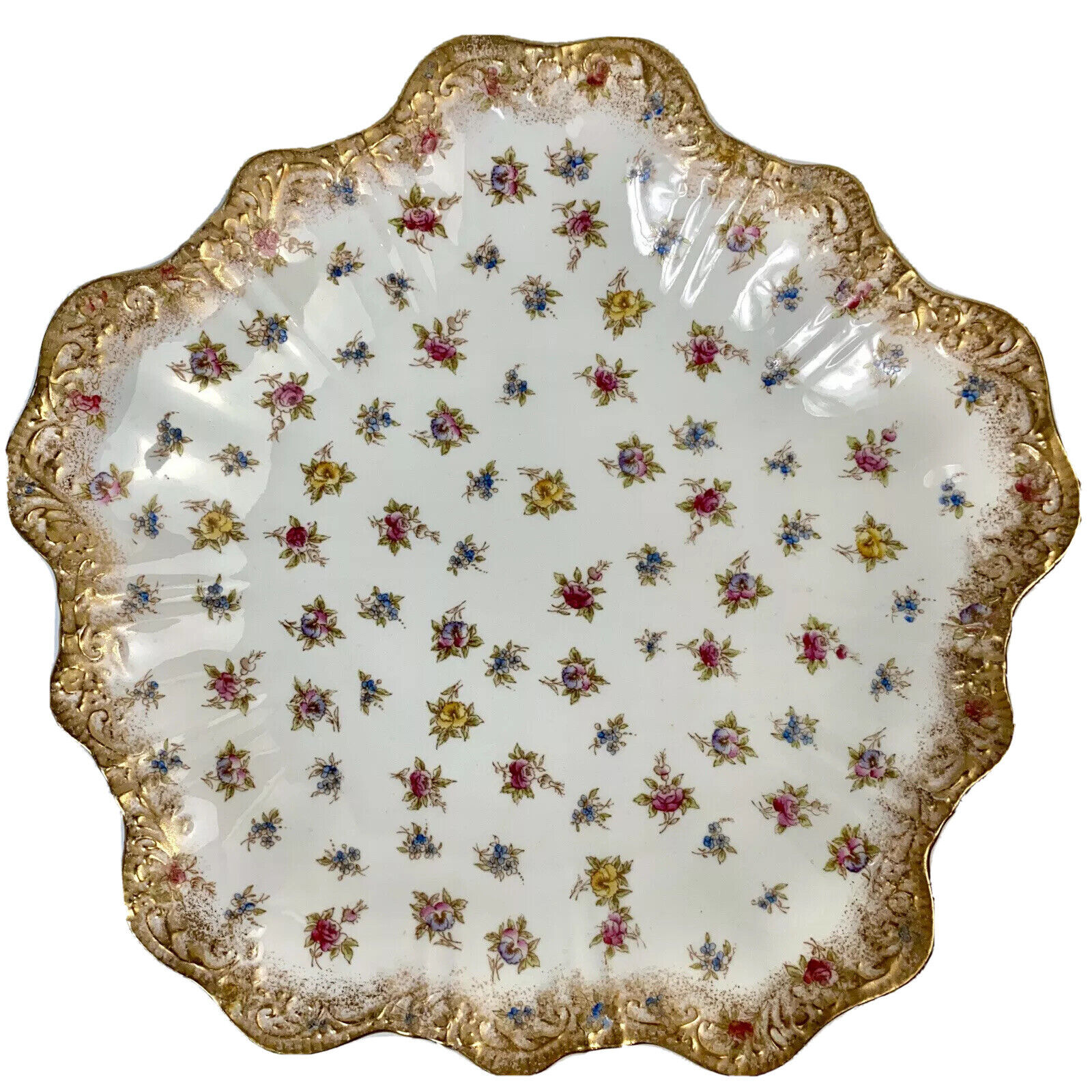Antique Pointons Scalloped Porcelain Dish 10.25” - England - Gold/Floral