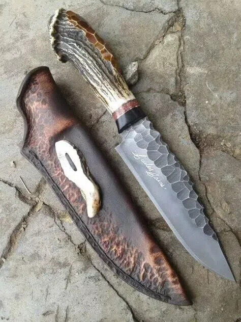 ASS Custom Handmade D2 Steel Stag Horn acid wash Hunting bowie Knife With Sheath