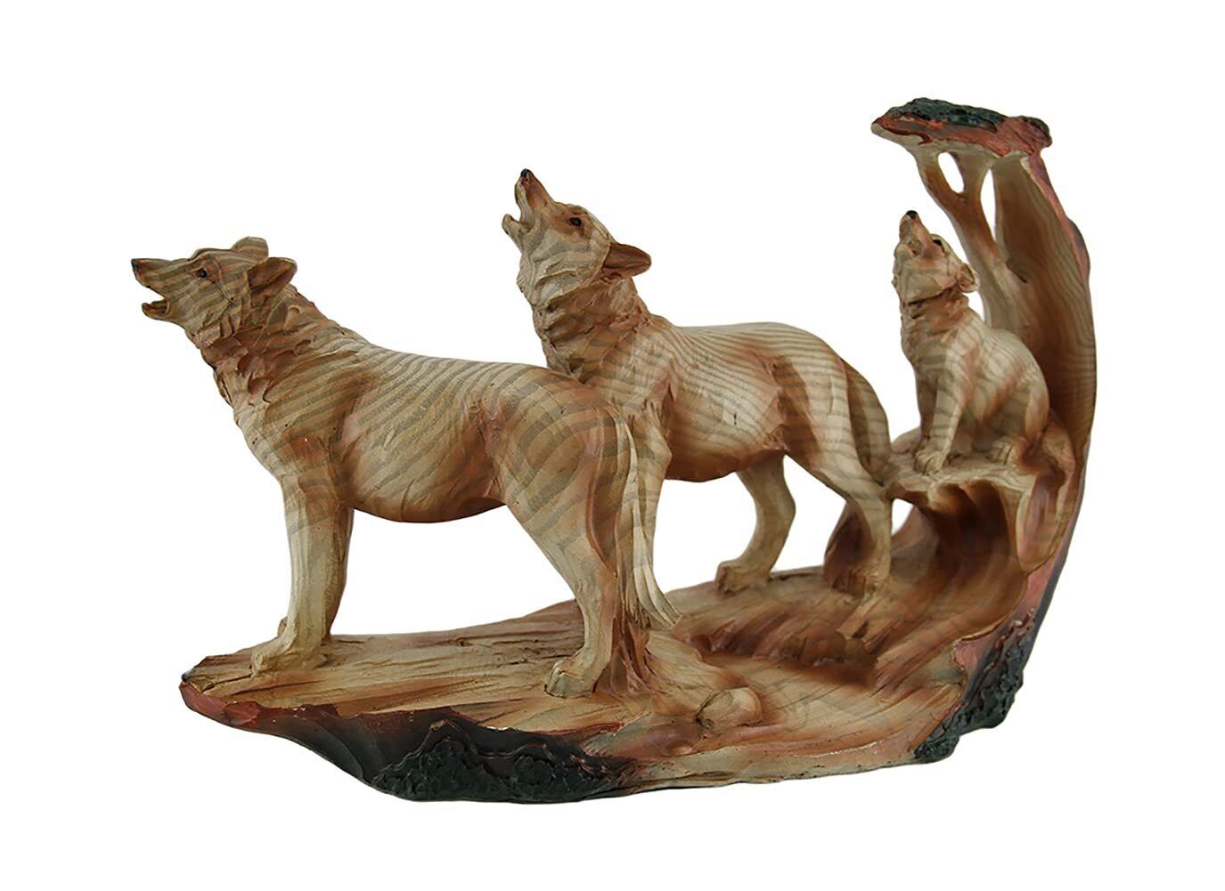 Howling Wolf Family Carved Wood Look Resin Statue