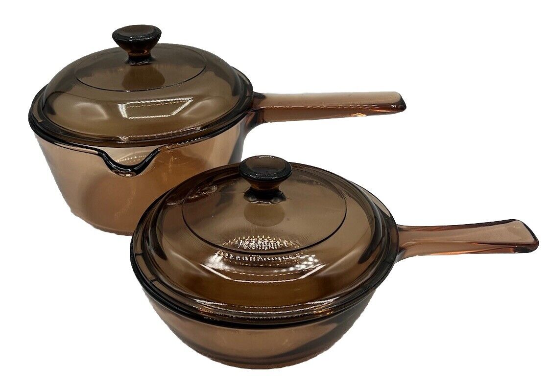 Vintage Corning Vision PYREX  Sauce Pans w Lids 1L & 0.5L Smokey Brown Amber