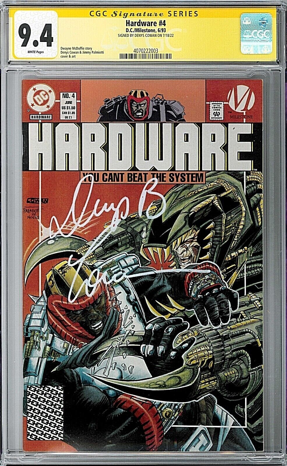 Hardware #4 CGC SS 9.4 (Jun 1993, DC) Jimmy Palmiotti, Signed by Denys Cowan