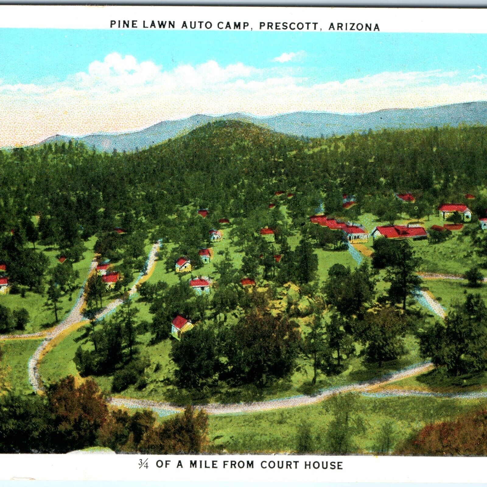 c1930s Prescott, AZ Pine Lawn Auto Camp Birds Eye Advertising Postcard Ariz A88