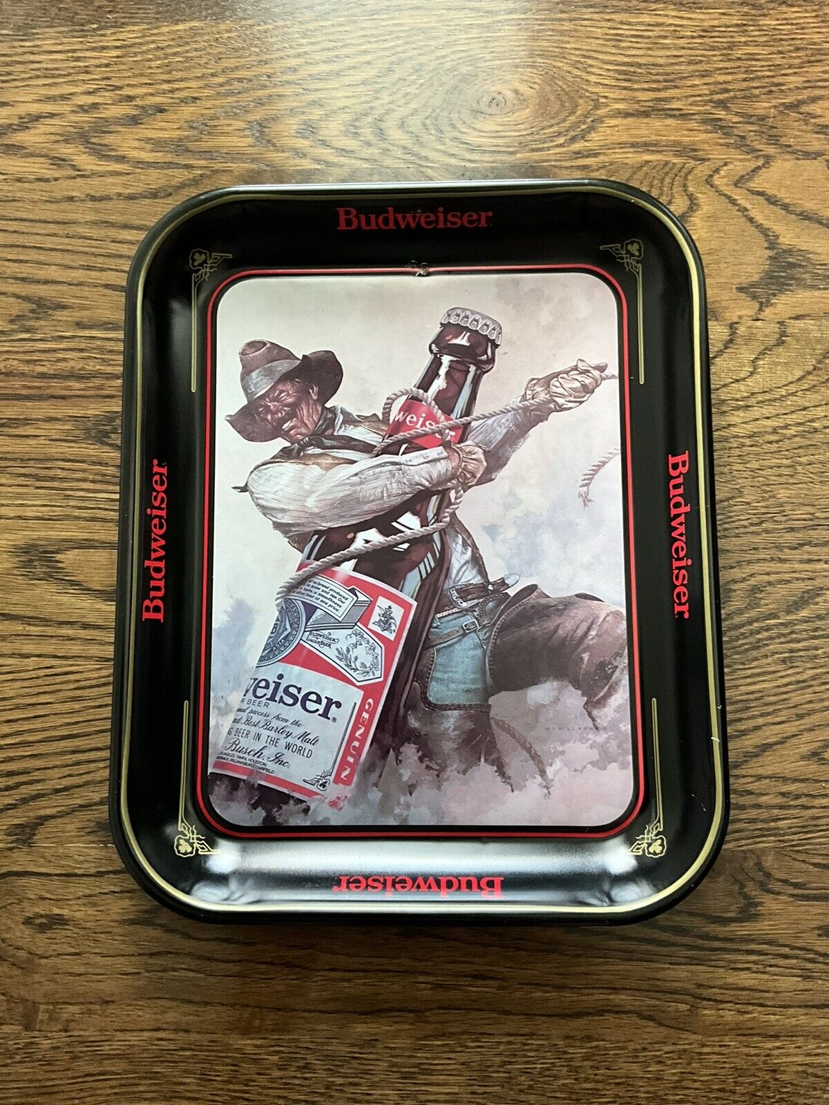 Vintage ~ 1980s Budweiser Metal Tray ~ King of Beers Cowboy Roping A Beer Bottle