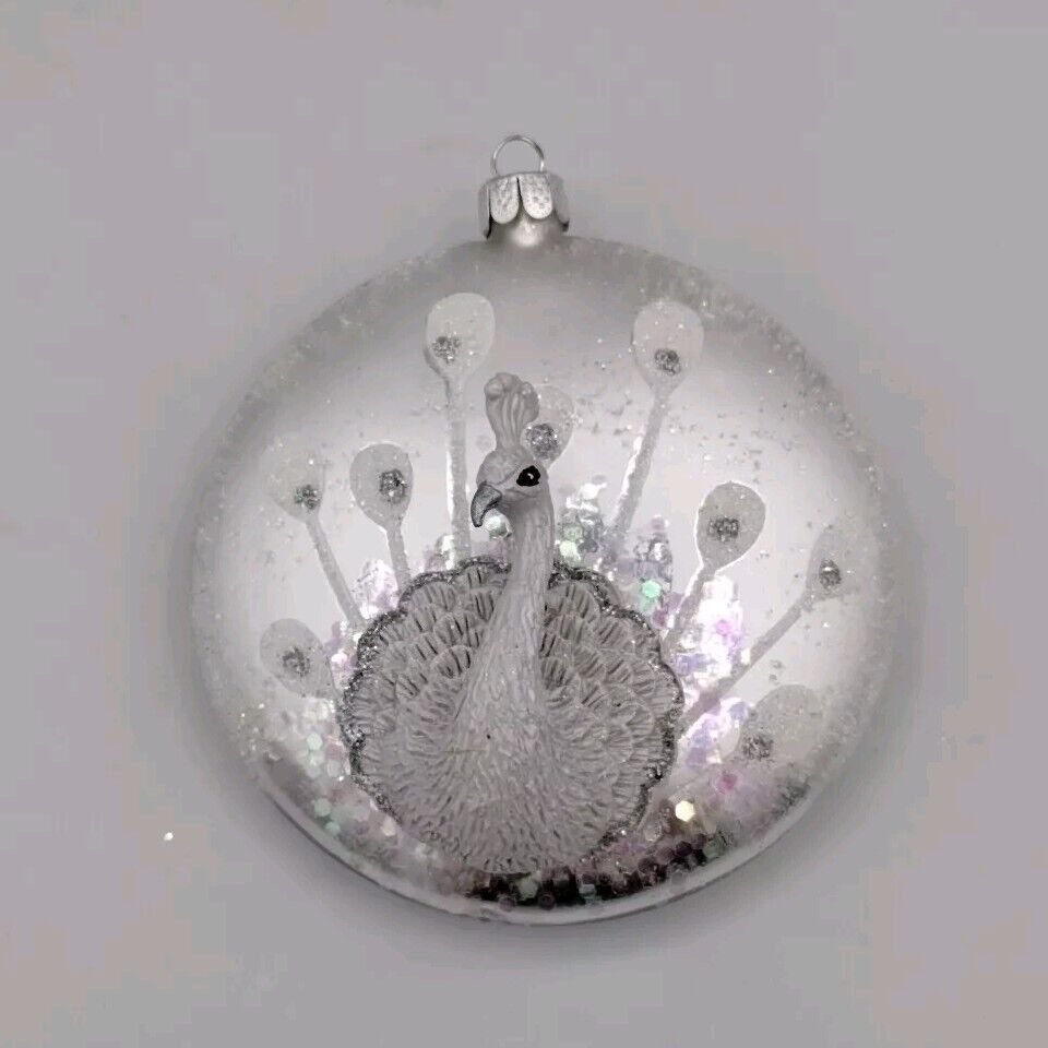 3D Peacock Bird Christmas Ornament Disk Shaped Glittered Glass