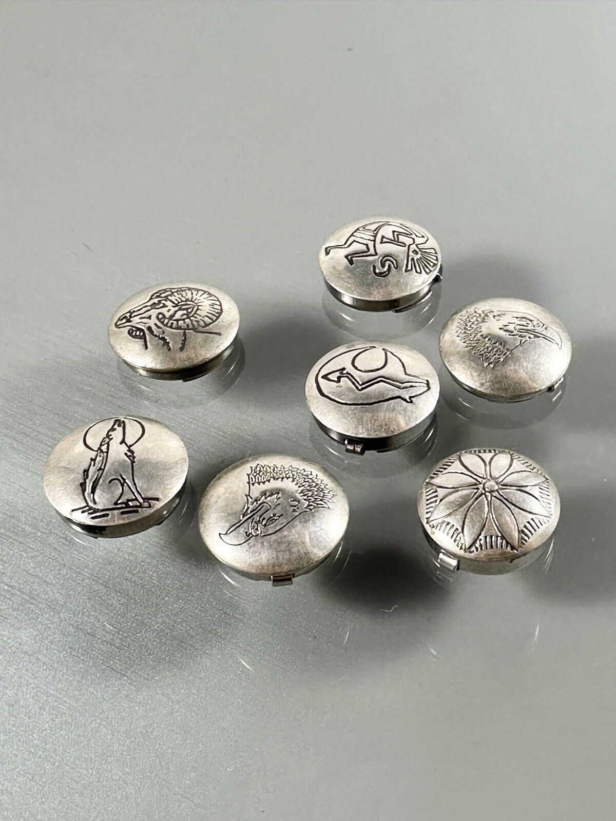LOT 925 Sterling Silver 6pcs Different Types Native American Symbol Buttons