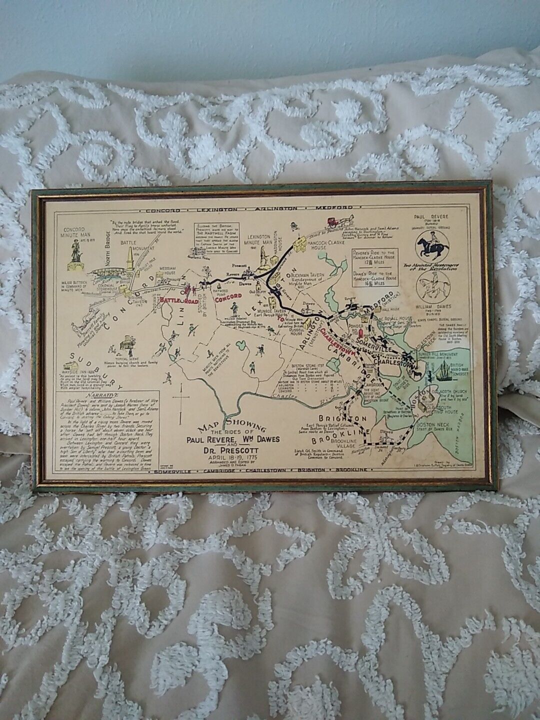 Framed 1775 Map Of Paul Revere's Ride * Drawn In 1929 * By A. Chisholm