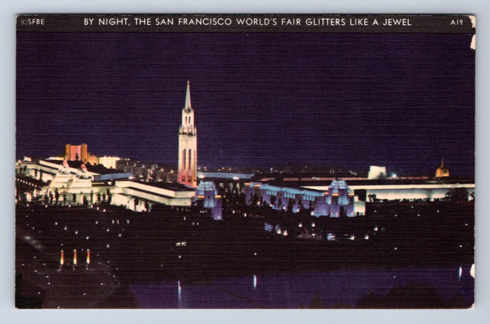 VINTAGE 1939 BY NIGHT THE SAN FRANCISCO WORLDS FAIR GOLDEN GATE CA POSTCARD FH