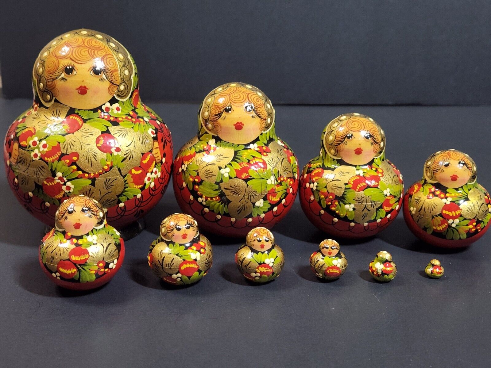 Russian Wooden 10 Piece Matryoshka Nesting Doll Khokhloma Style w/Lady Floral