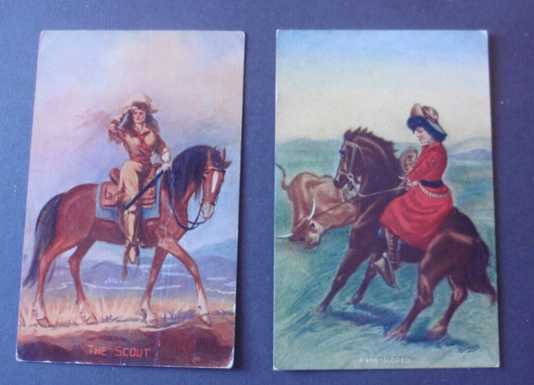 2 art postcards Fantasy Cowgirls circa 1909
