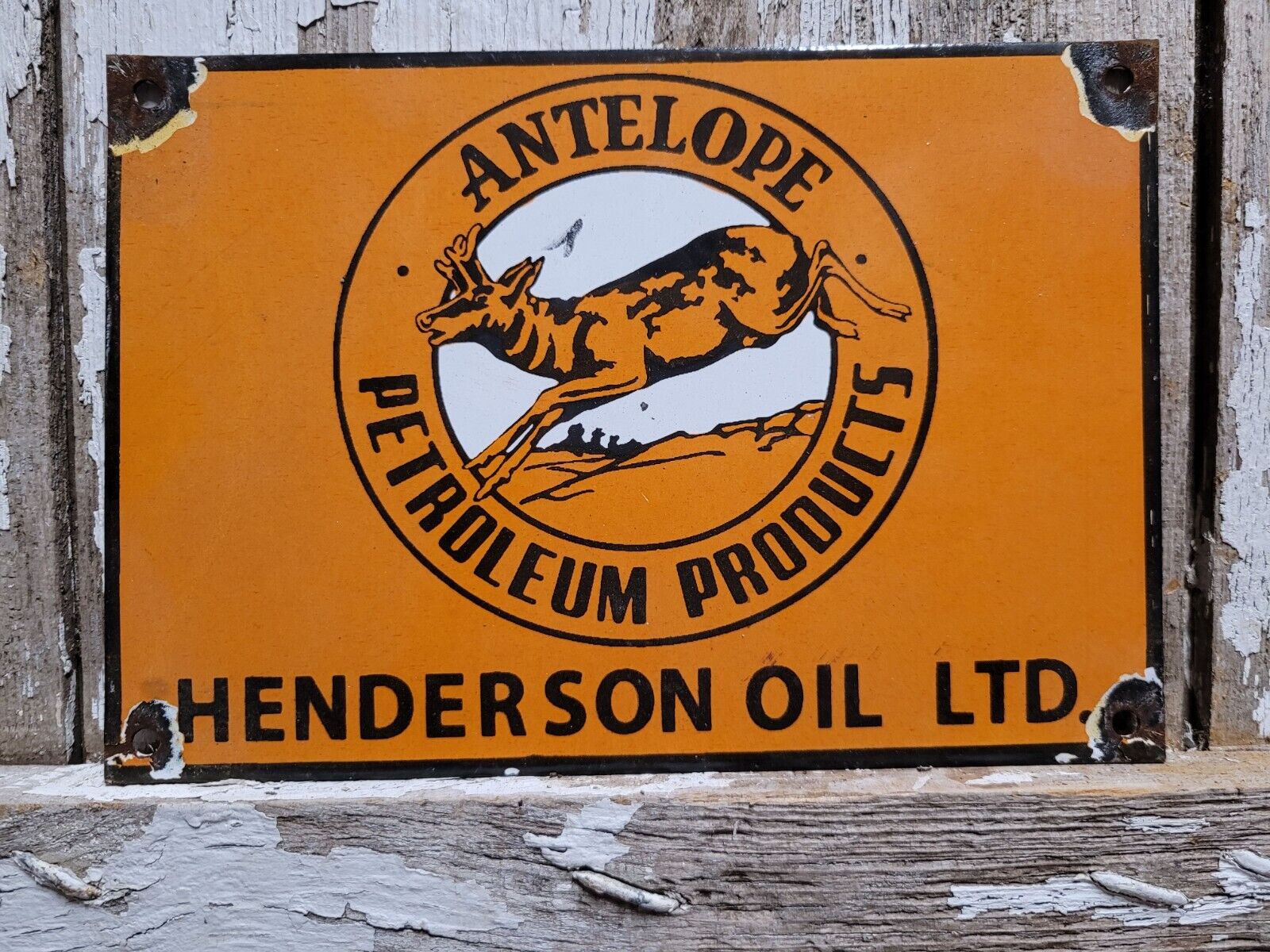VINTAGE ANTELOPE PETROLEUM PORCELAIN SIGN HENDERSON OIL SERVICE ADVERTISING