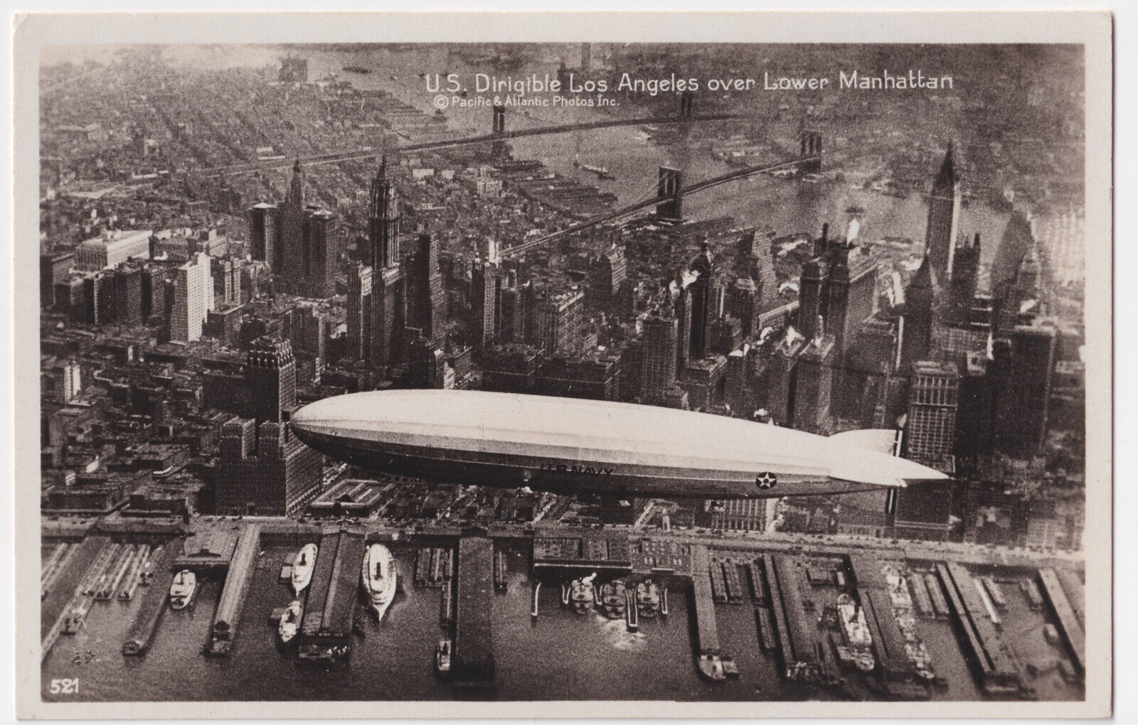 US NAVY DIRIGIBLE USS LOS ANGELES OVER LOWER MANHATTAN REAL PHOTO CIRCA 1931