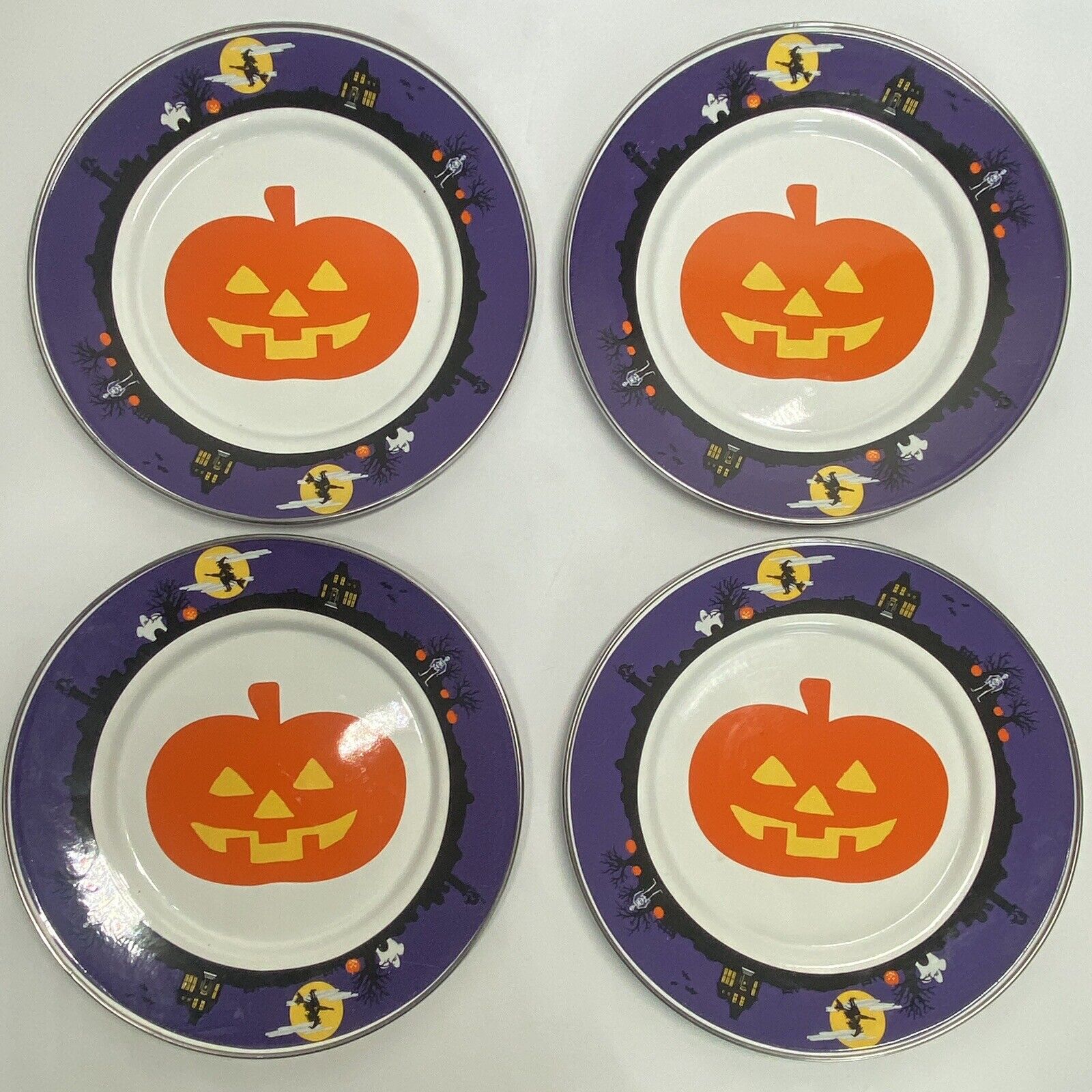 Golden Rabbit Enamelware Jack O Lantern Pumpkin Halloween Plates Set Of 4