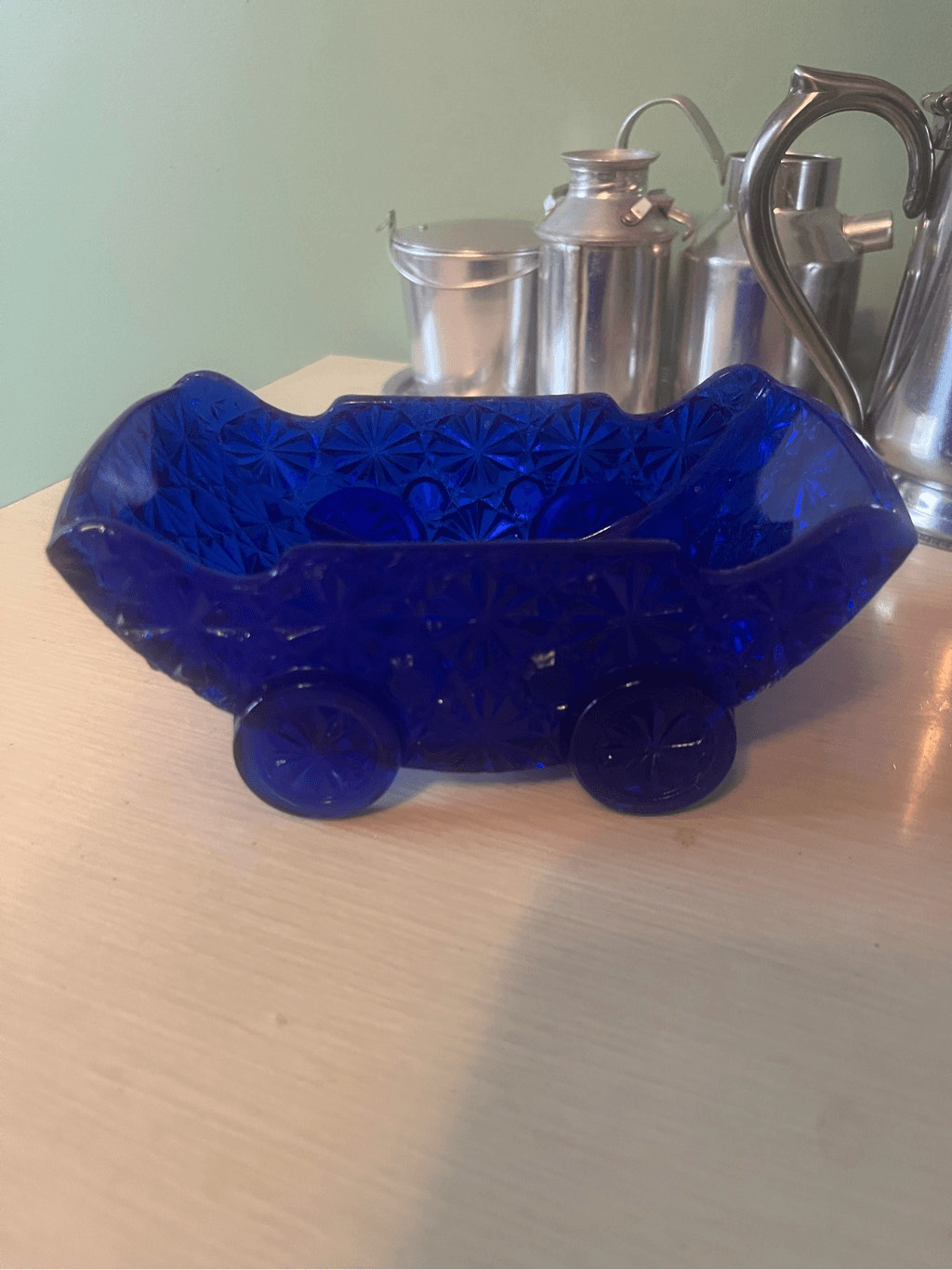 Vintage ROYAL CARRIAGE Cobalt Blue Glass Figural CANDY CONTAINER