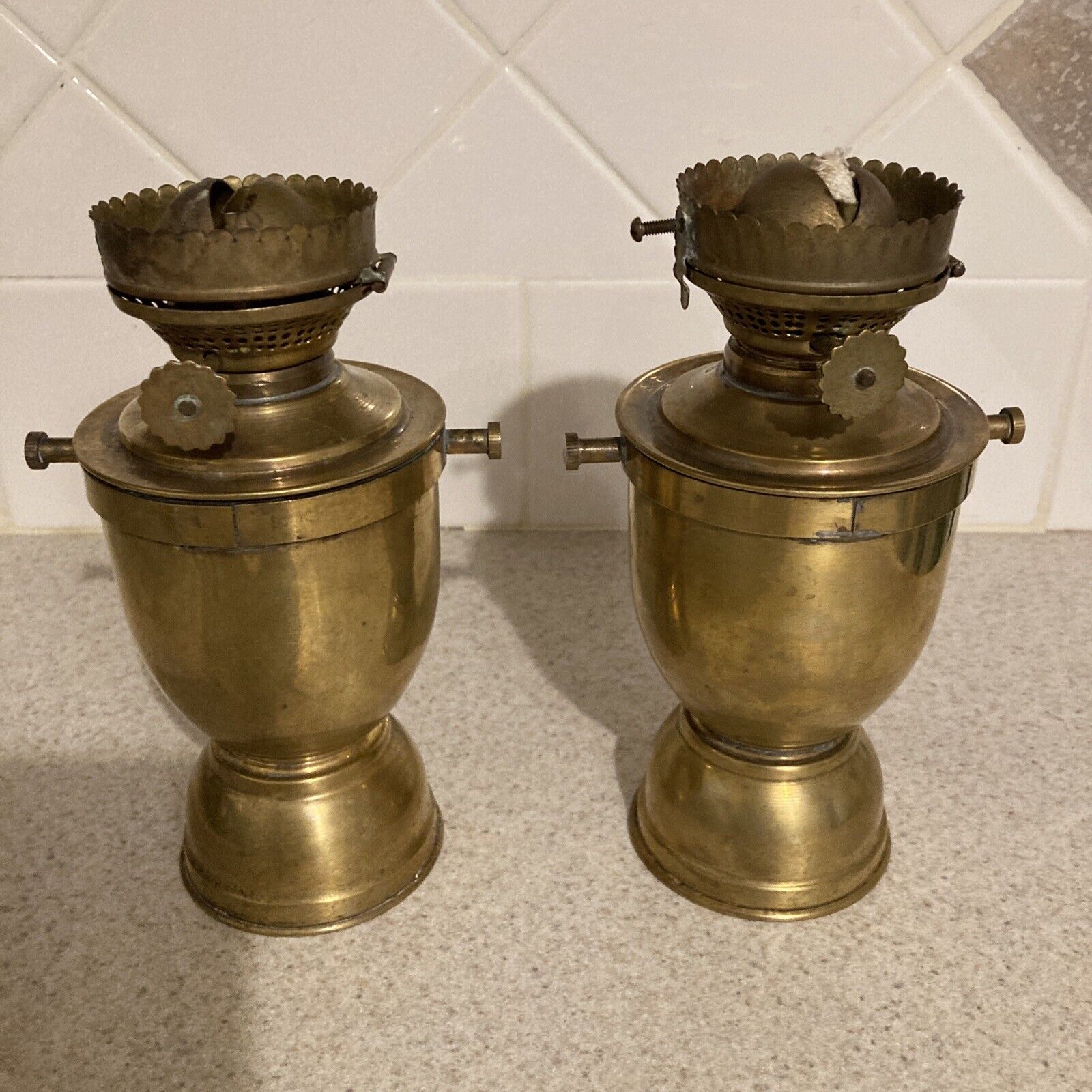 Vintage Pair Unique Solid Brass  Oil Lamp 7.5”