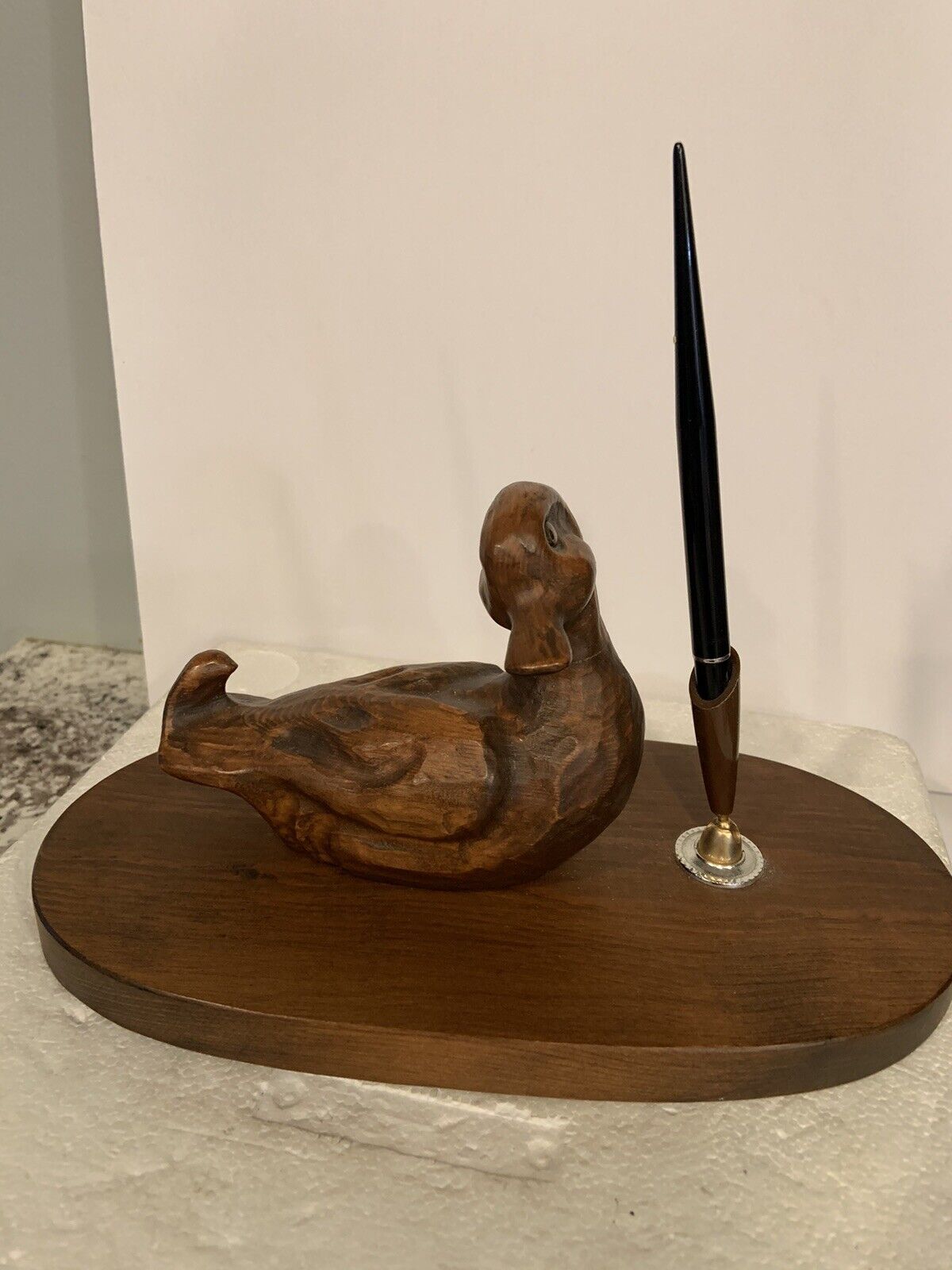 Vtg Hand Carved Wooden Duck Desk Pen Holder By Alt Weisskopf German Artist W/Pen