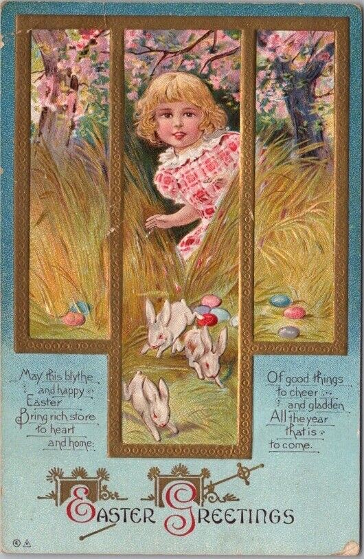 EASTER GREETINGS Embossed Postcard Little Girl / White Rabbits / Colored Eggs