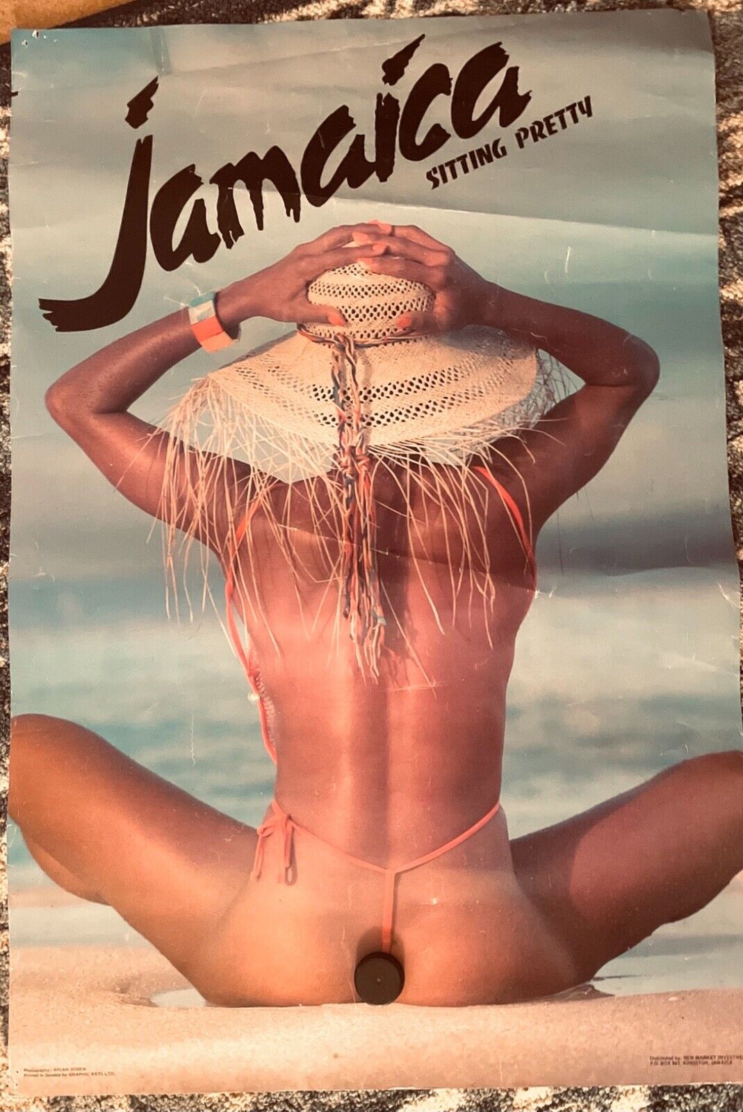 Vintage original Sexy Travel Poster Sitting Pretty Jamaica beach thong GGA