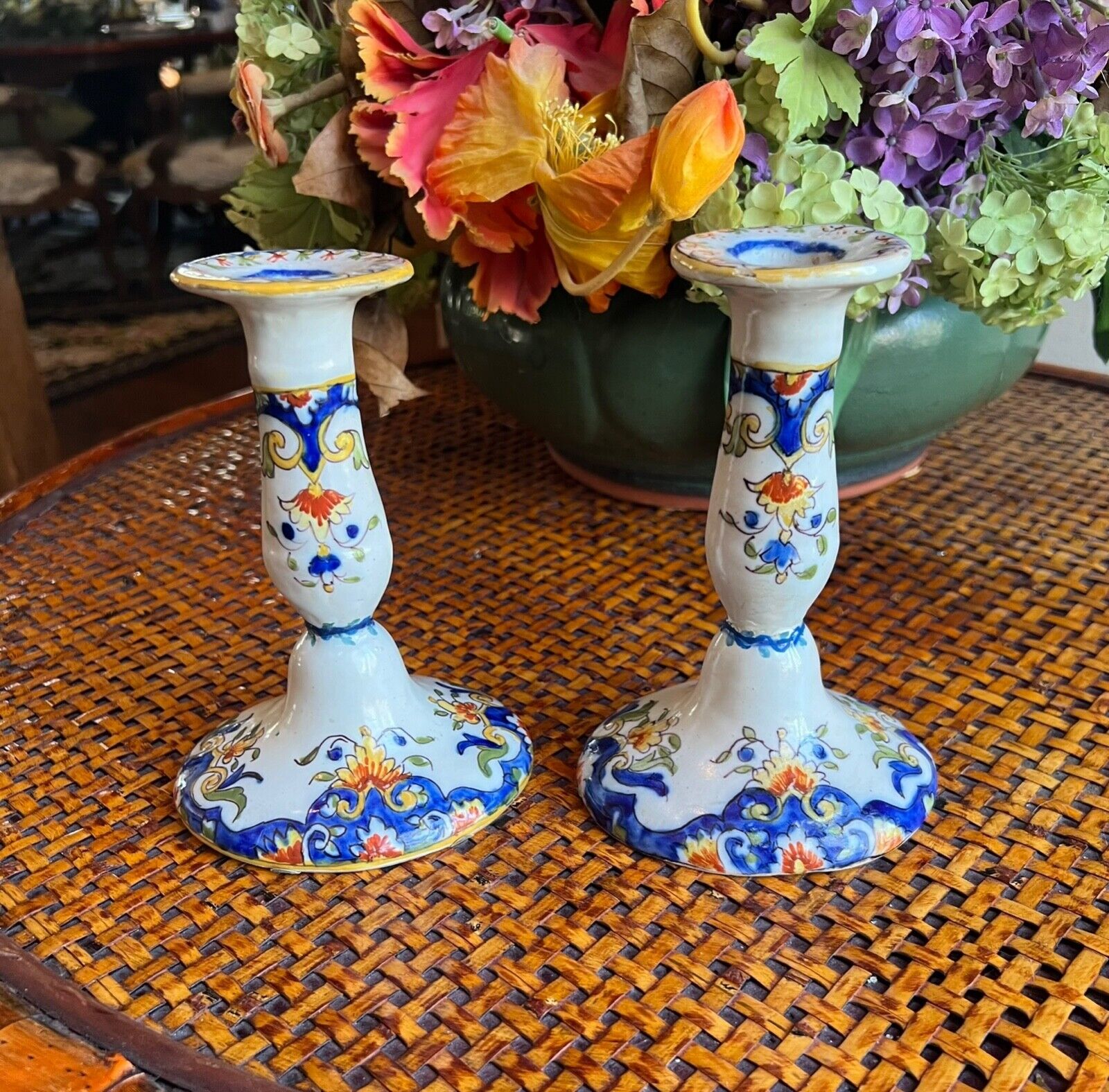 French Hand Painted Rouen Faience Earthenware Candlesticks pair