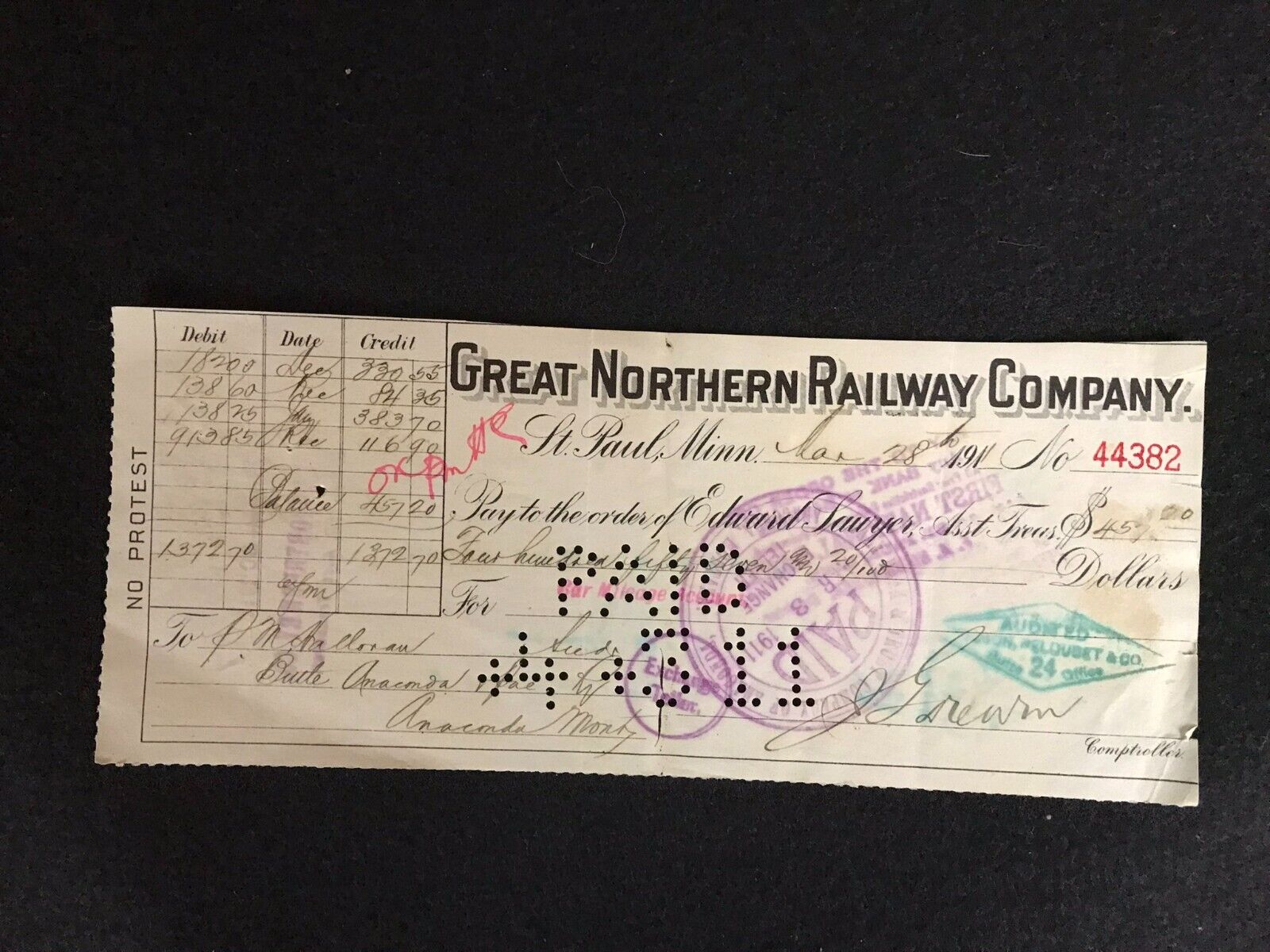 Circa 1911 Great Northern Railway Company Check