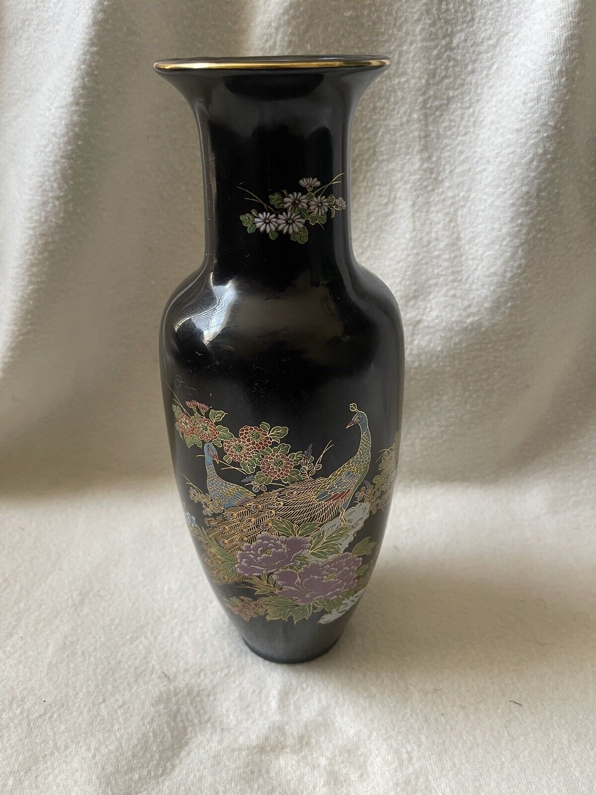 Vintage Imperial Interpur Black Floral Vase Peacocks