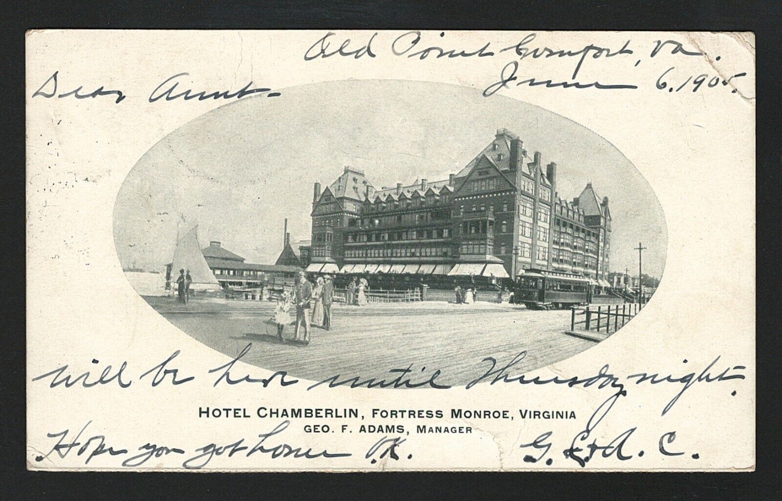 Postcard Hotel Chamberlain Fortress Monroe Virginia to Kent Island Maryland 1905
