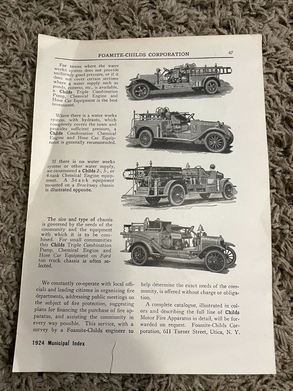 Vintage Firetruck Fire Engine advertisement 1924 Municipal Index 
