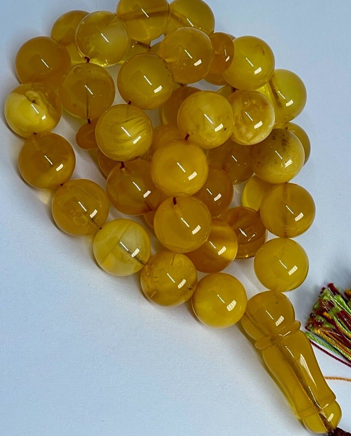 Antique Egg Yolk baltic amber Necklace  Prayer Islamic 39 beads - 63g R8 ملطخ