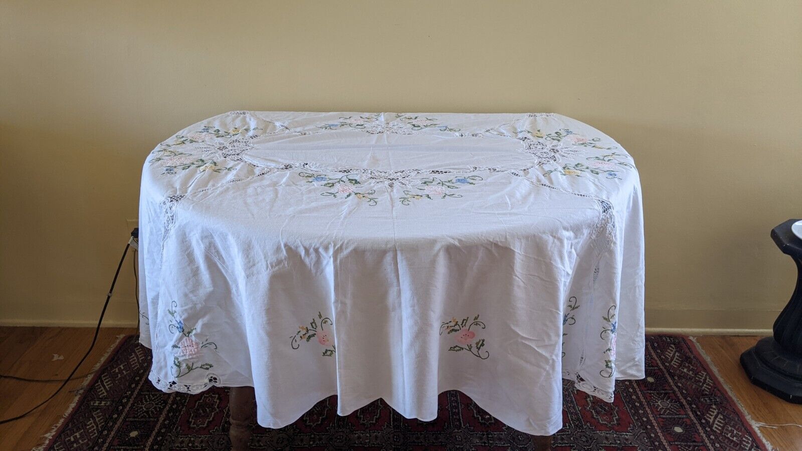 Vintage Battenburg Lace Tablecloth Rectangular Embroidered W Fine Pastel Florals