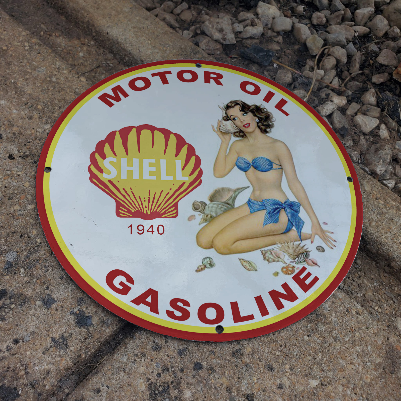 1940 SHELL MOTOR OIL GASOLINE PORCELAIN GAS & OIL STATION GARAGE MAN CAVE SIGN