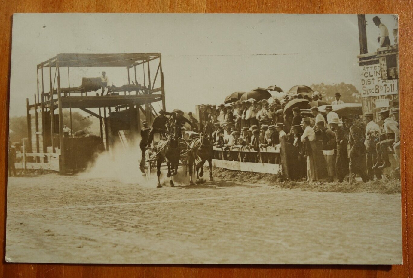 horses, team and wagon racetrack, couches on 2nd floor, rppc postcard real phoro