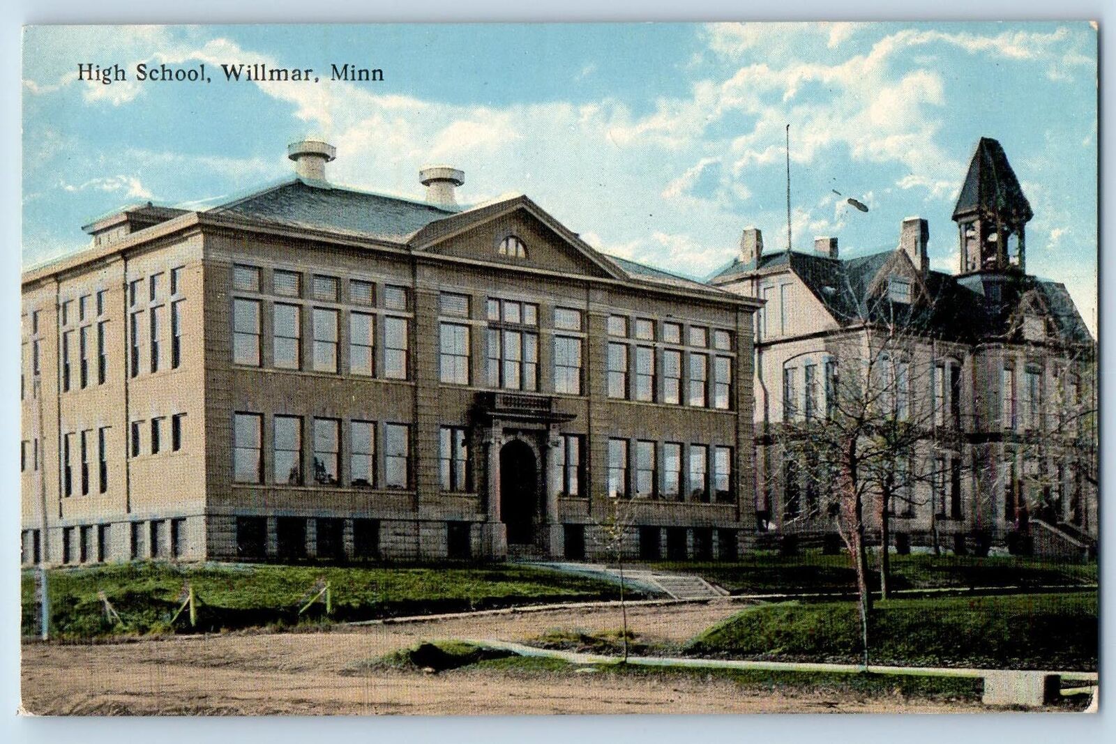 c1910 High School Campus Building Dirt Road Entrance Willmar Minnesota Postcard