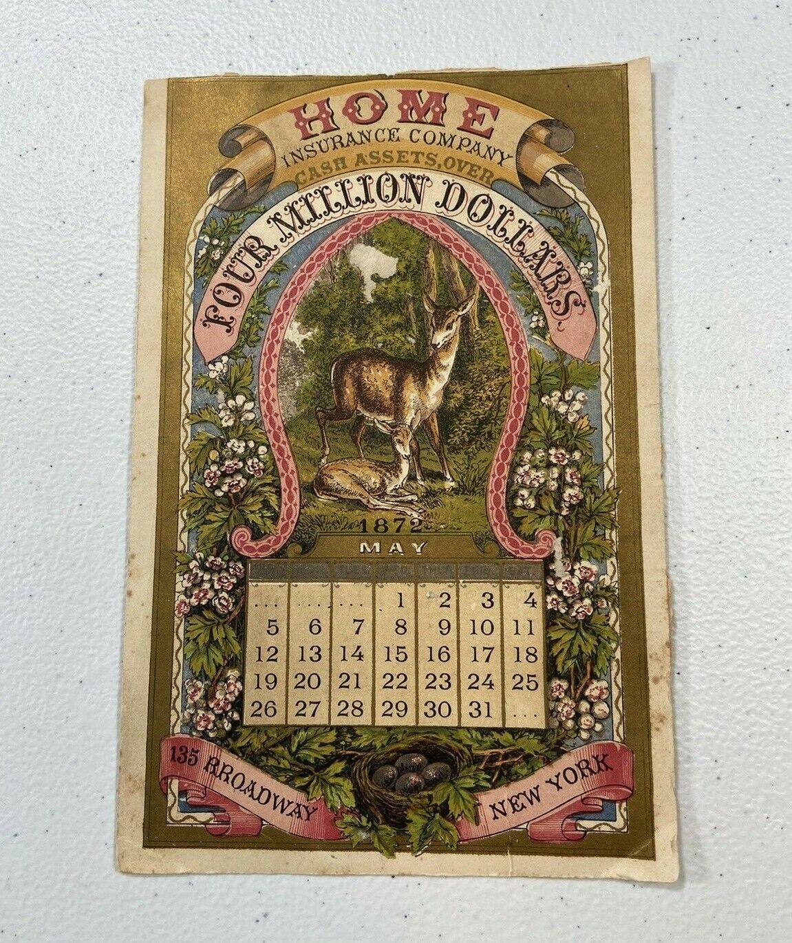 Antique 1872 Calendar Home Insurance Company Advertising Deer Flowers New York 