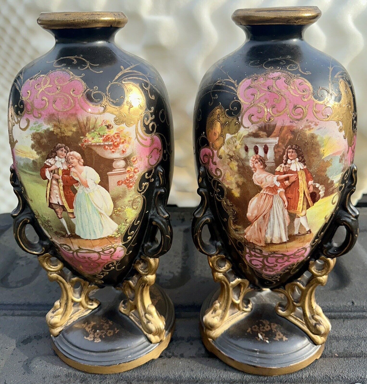 Antique Pair 15 Inch Viking Baroque Romantic Scene Vases Urns Ornate Gold Paint