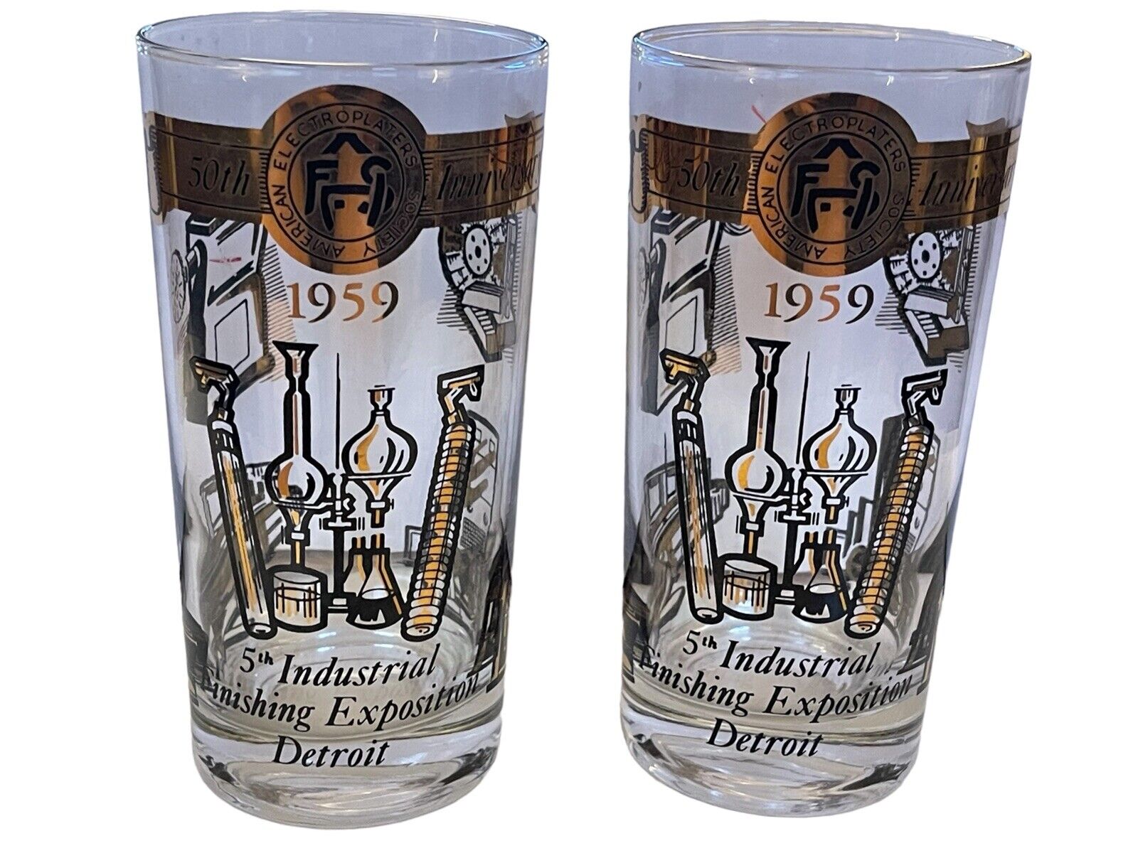 1959 American Electroplaters Society Gilded Highball Glasses Detroit MCM Barware