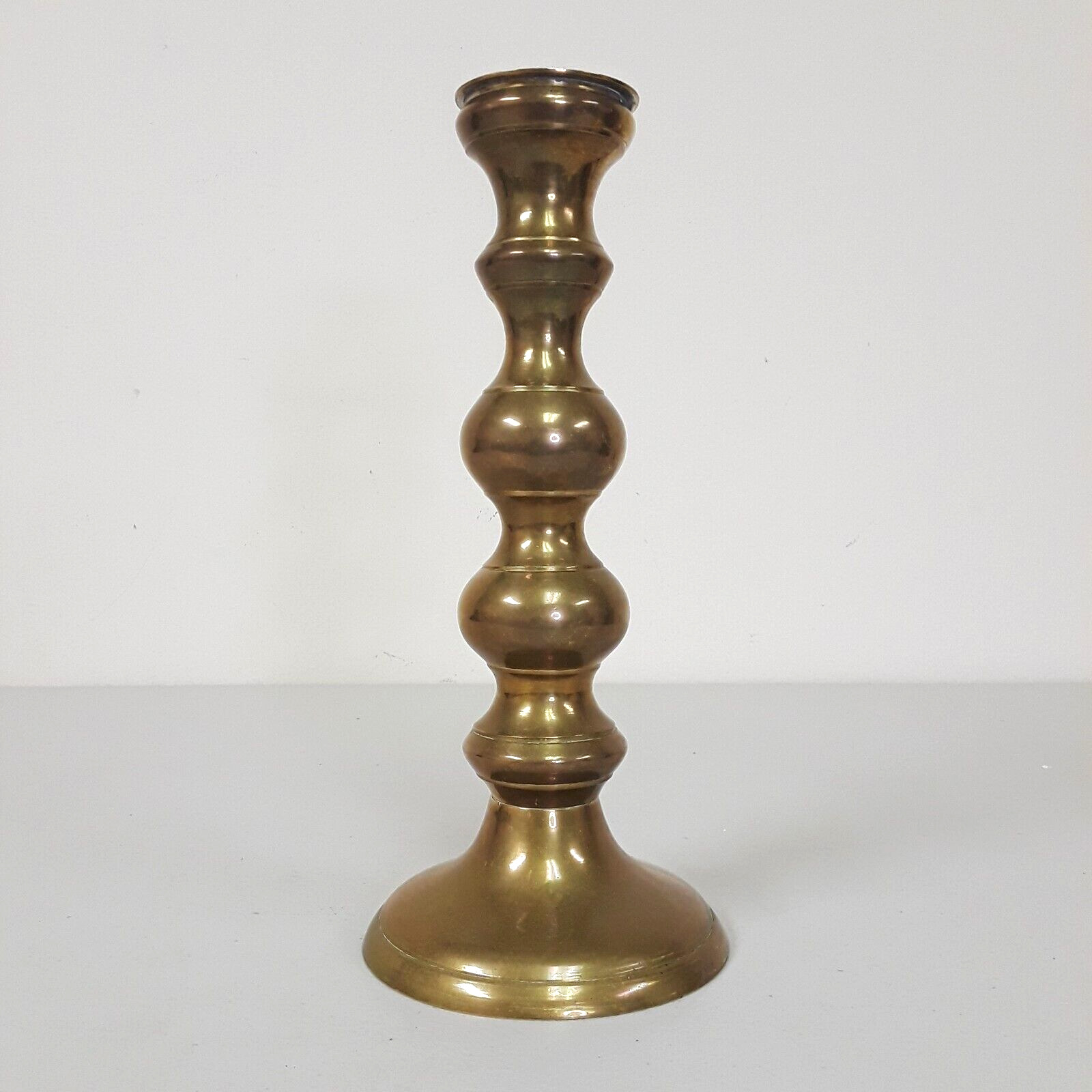 Vintage Tall Brass Tapered Candle Holder Stacked Spindle Heavy Weight