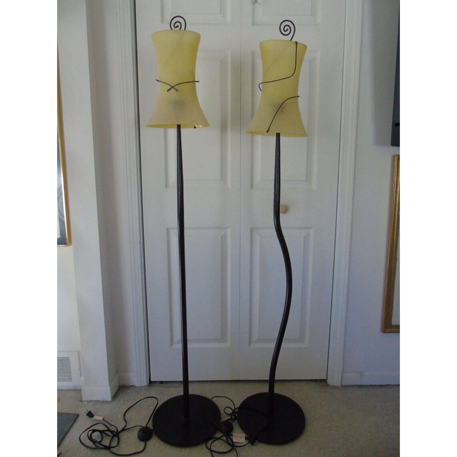 Pair Of Curved Portable Luminare Floor Lamps Frosted Yellow Glass Shades