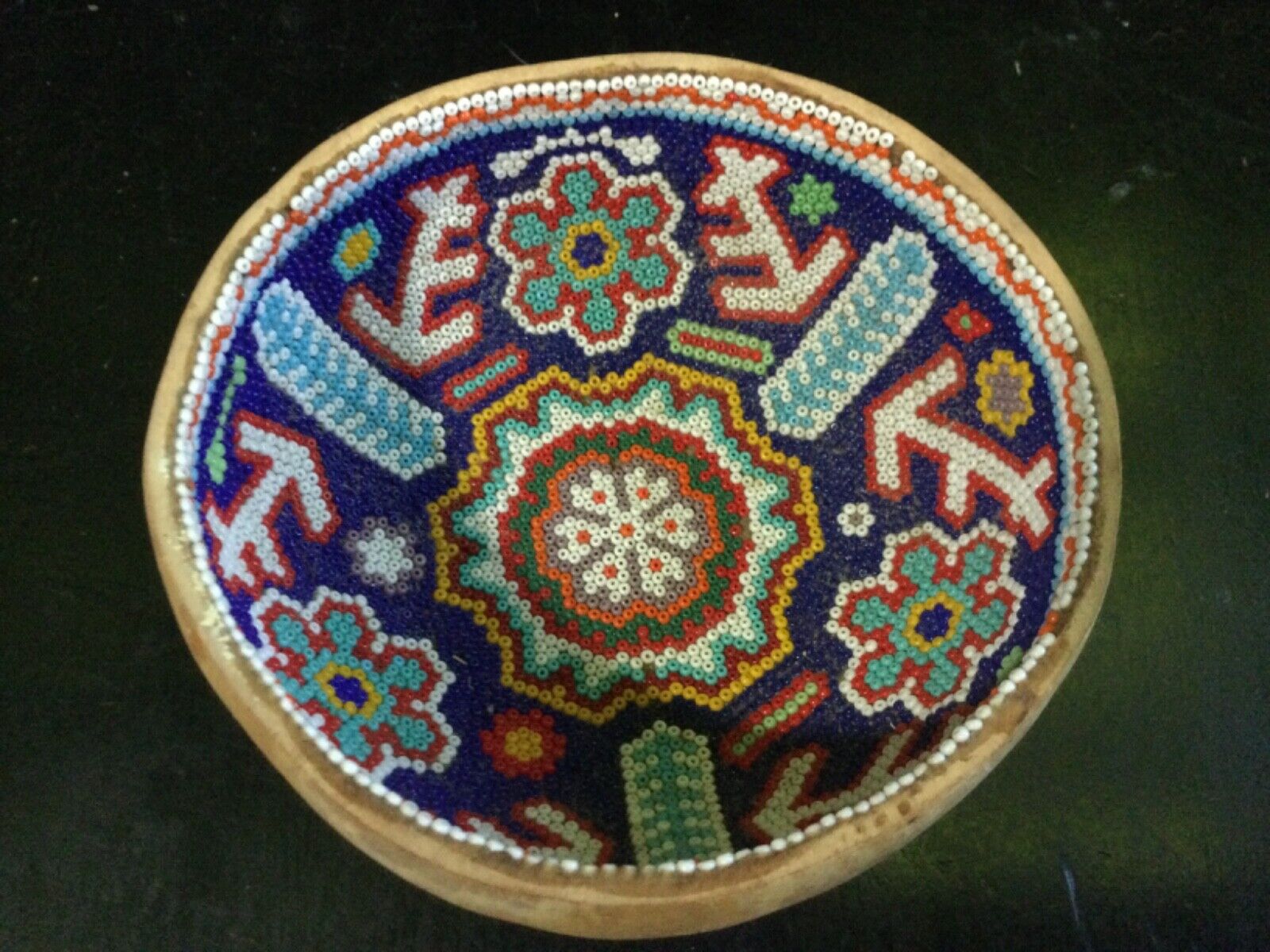 Vintage Huichol Beaded Medicine  Bowl from Mexico ( 5” x 2 1/2” )