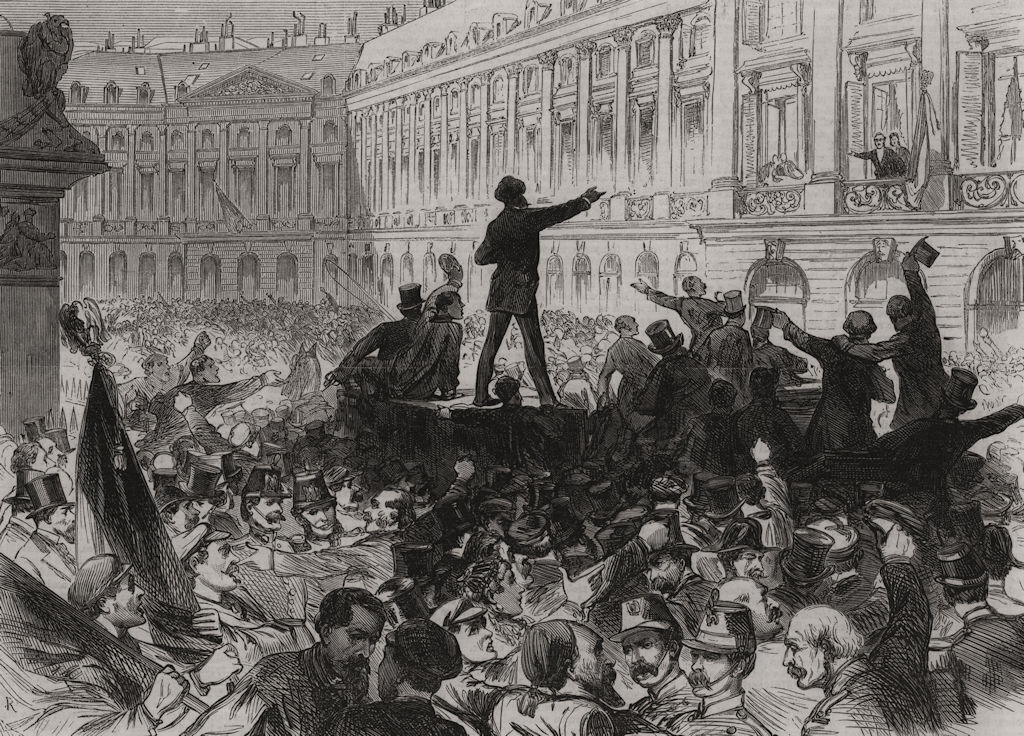 The war: people demanding arms in the Place Vendome, at Paris 1870 old print