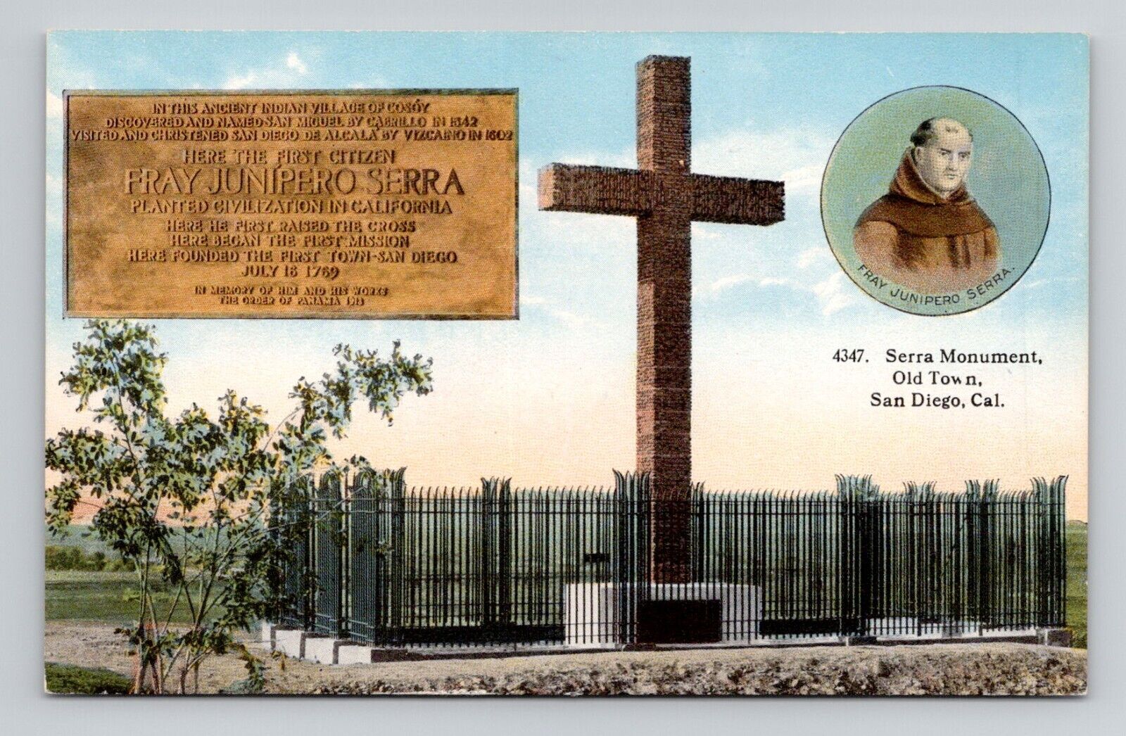 Postcard Serra Monument San Diego California CA, Antique B14