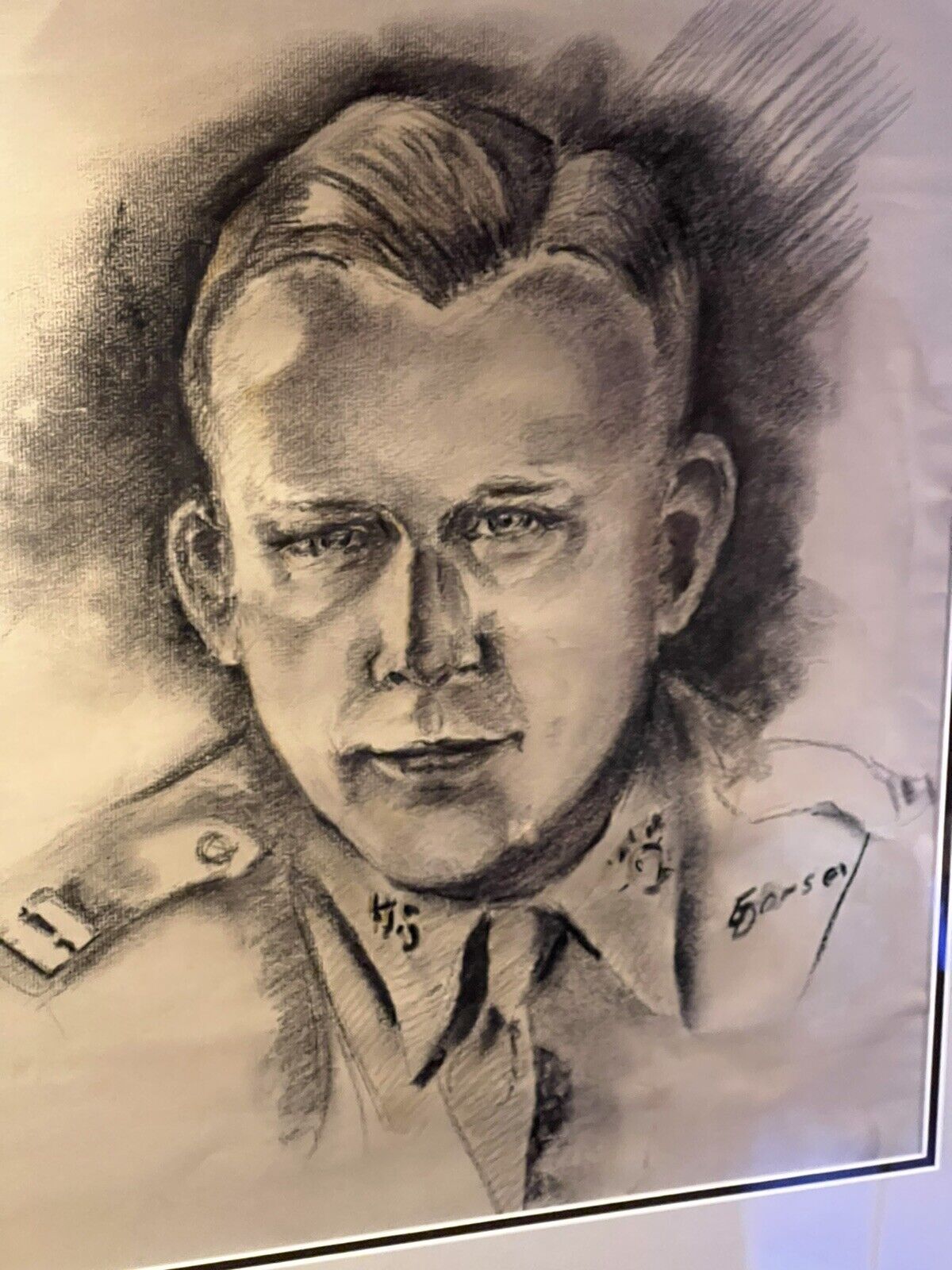 WWII 1940’s US Soldiers Charcoal Drawn Portrait 23” X 27” Matted & Framed SIGNED
