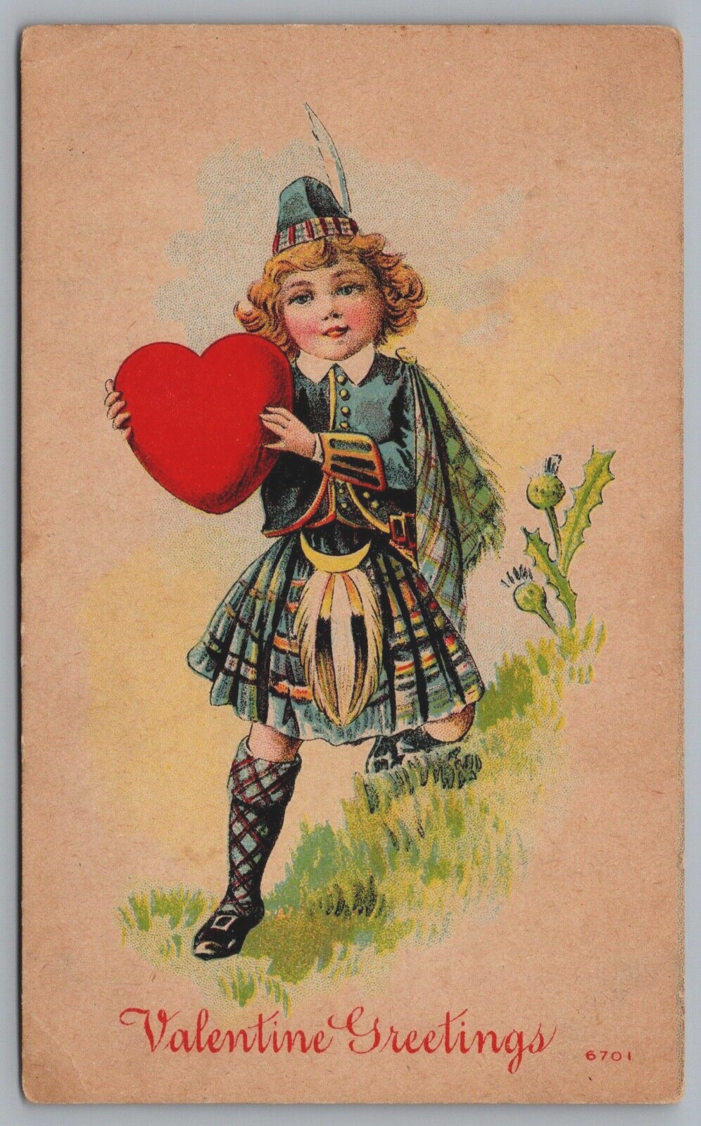 Antique Valentines Day Postcard Young Child Carrying Heart Scottish ? 1910s J3