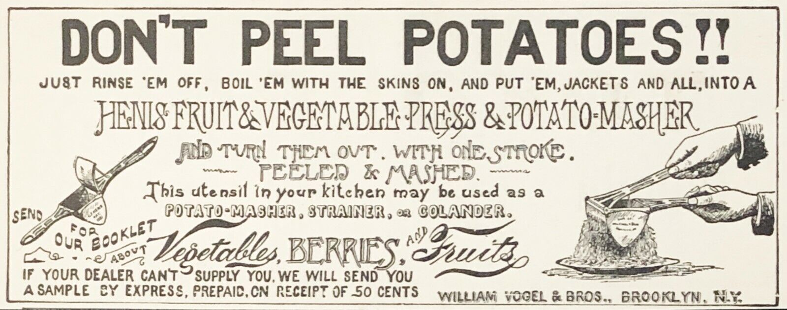 Vtg1894 HENIS PRESS Potato Masher/Peeler/Ricer~GR8Nostalgic Kitchen Art Print Ad