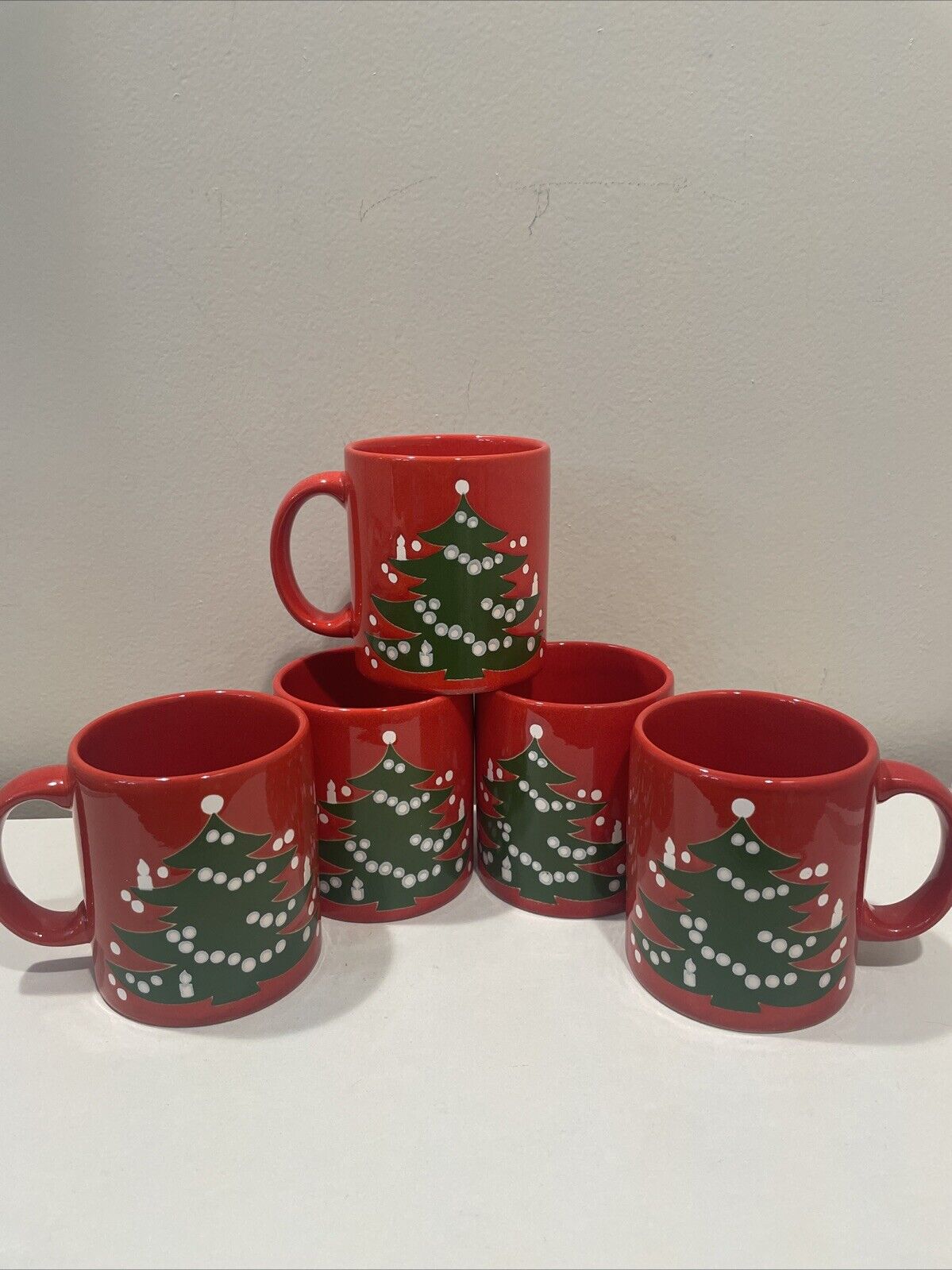 (5) RED GREEN VINTAGE WAECHTERSBACH CHRISTMAS TREE MUGS  W. GERMANY EXCLNT COND