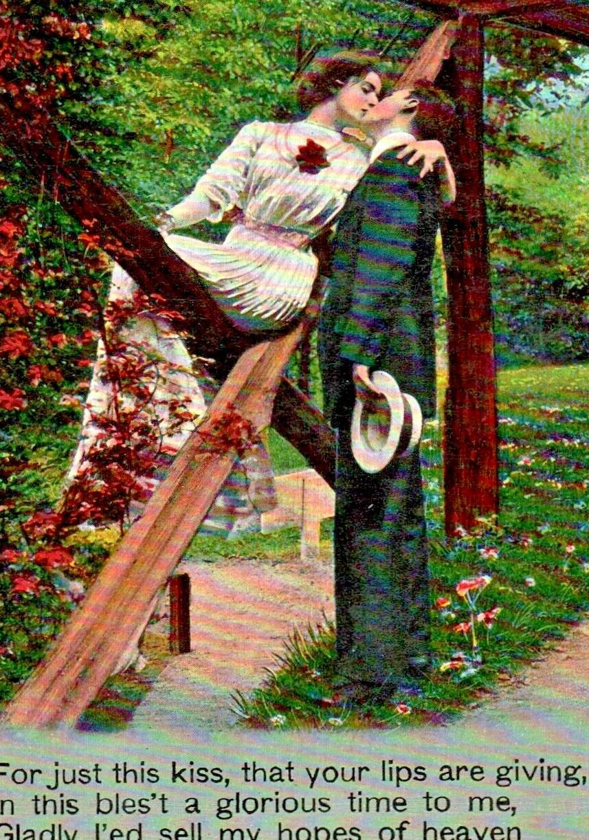 c.1910 Lovely Vintage Postcard Couple kissing in flower garden Germany unposted