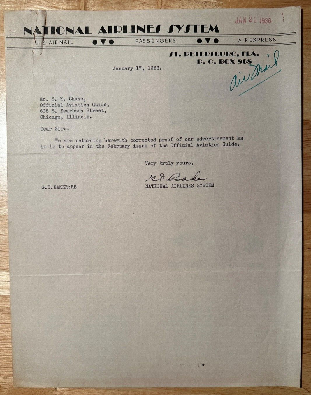 National Airlines System-1936 St. Petersburg, Florida vintage business letter