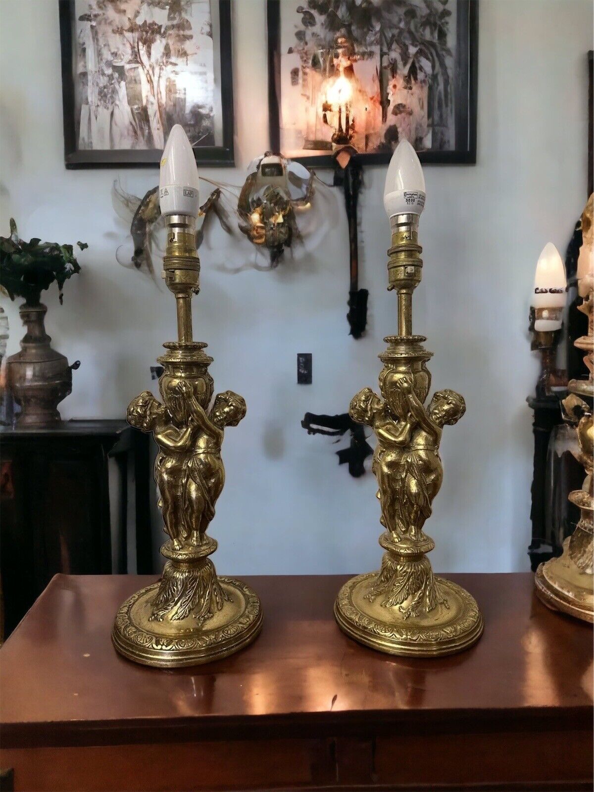 Pair Of Mid Century Quality Heavy Brass Putti Cherub Lamps - Hollywood Rococo