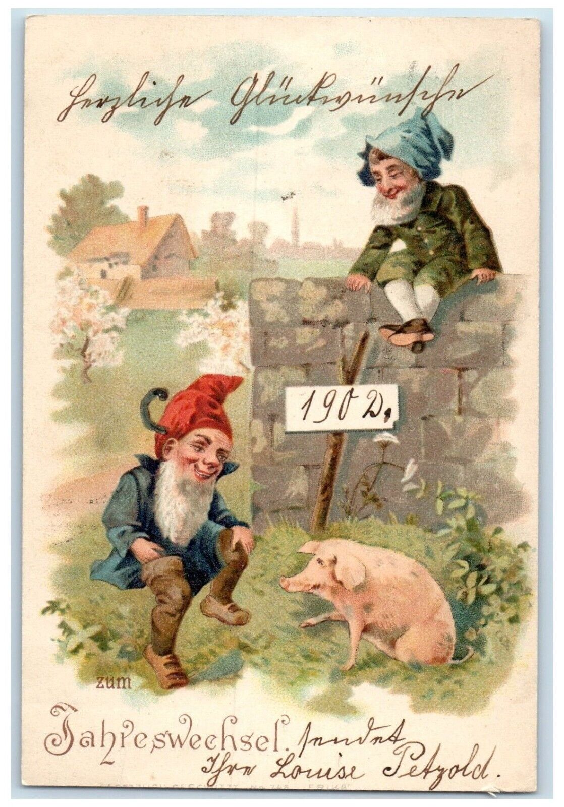 1902 New Years Elf Gnome And Pig House Scene Posted Antique Postcard