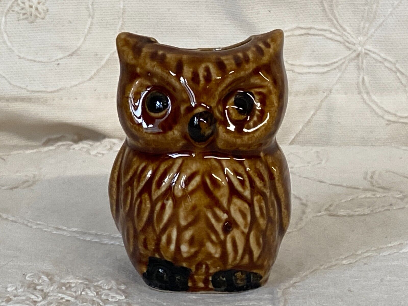 Retro Vintage Small Brown Ceramic Owl Holder 1970s