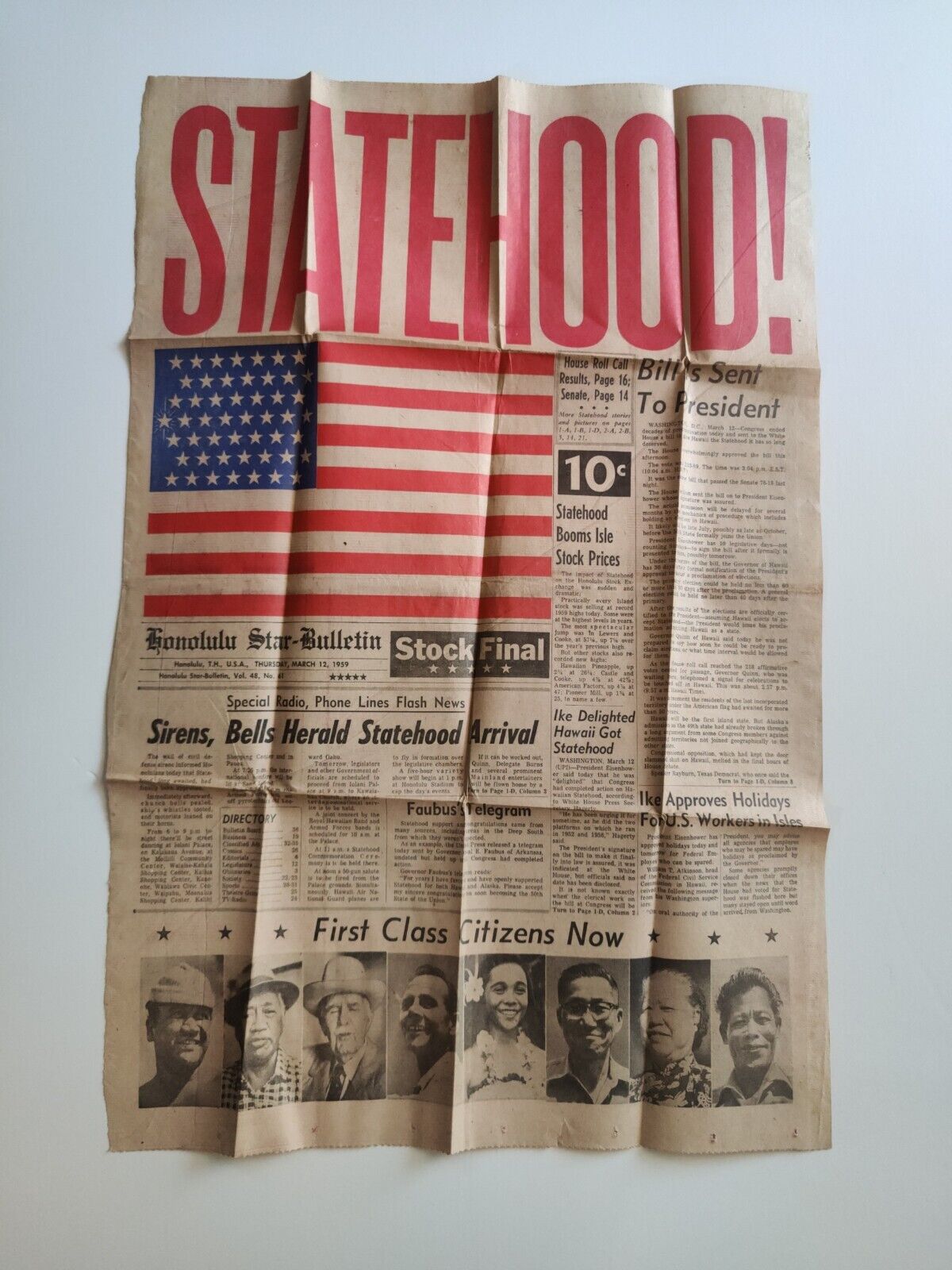 HAWAII STATEHOOD Joins The Union w/ Color Flag 1959 Honolulu HI Newspaper