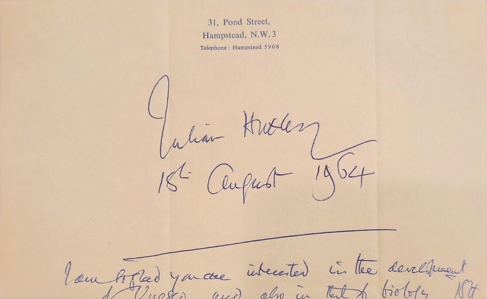 SIGNED Julian Huxley Letter 1964 Darwin Biologist Vintage Autograph 